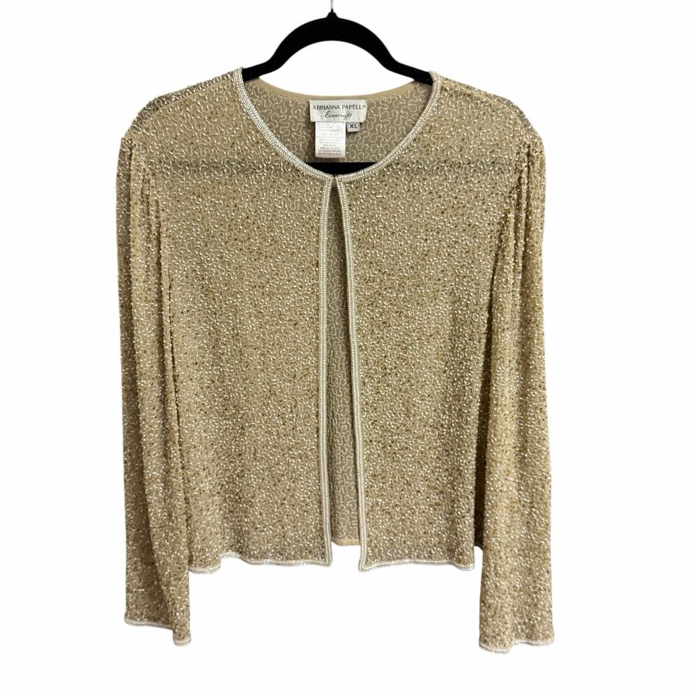 Vintage Adrianna Papell Evening Pure Silk Beaded Sheer Top Beige White Size XL